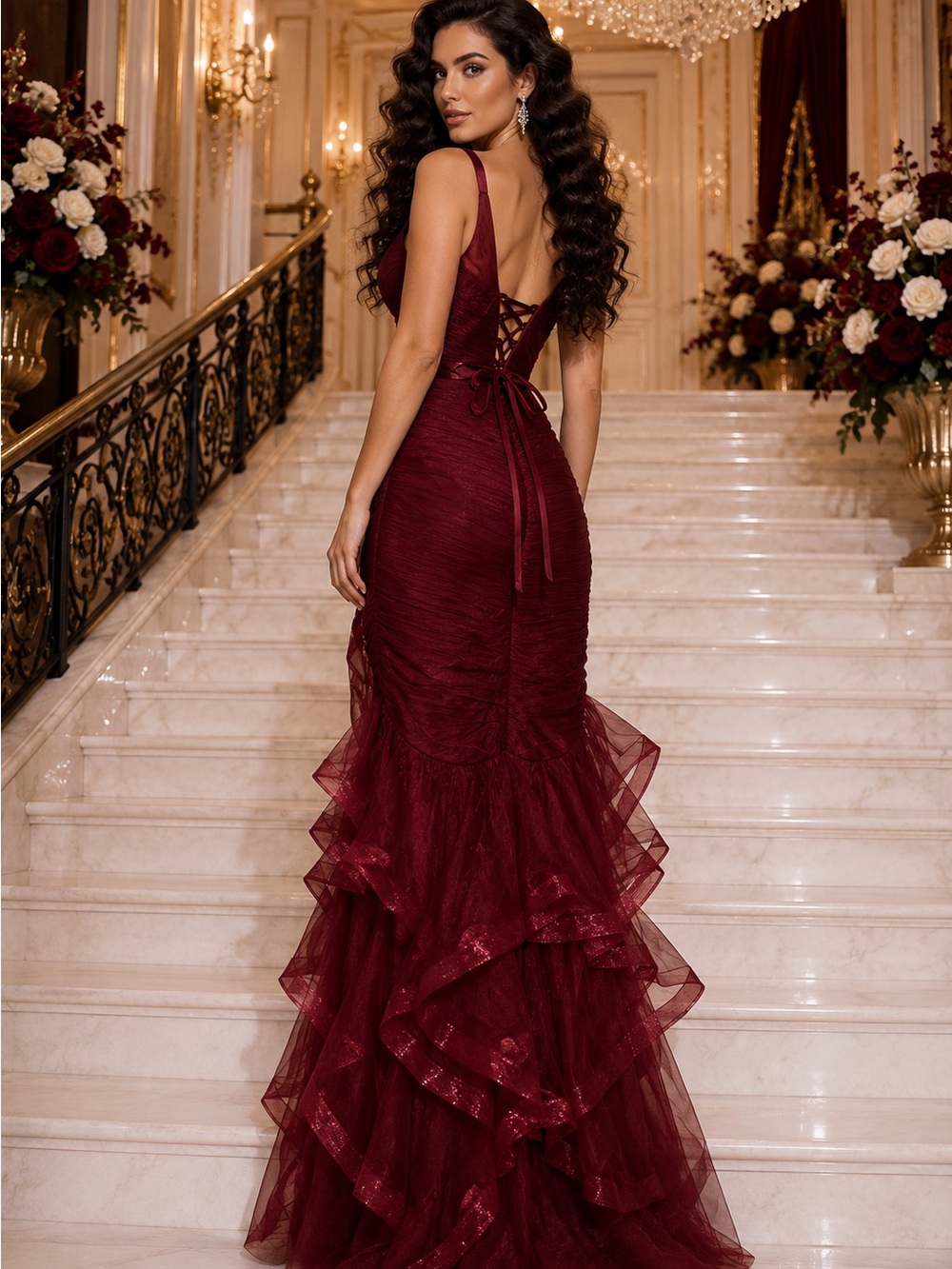 NWT Burgundy Wine Tulle Satin Mermaid Formal Evening Gown Gala Wedding Sz 6 - Picture 5 of 7